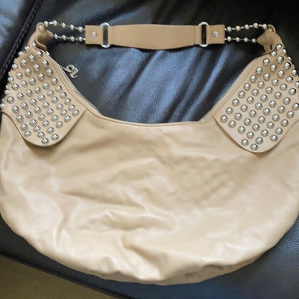 G series camel faux leather hobo purse with large silver decorative studs